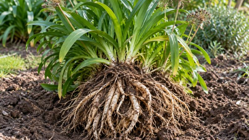 Touffe d’agapanthe soulevée avec racines visibles dans la terre du jardin