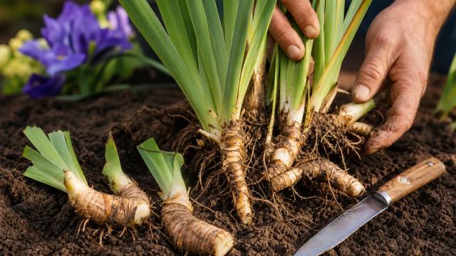 Rhizomes d’iris sortis de terre et séparés pour être replantés