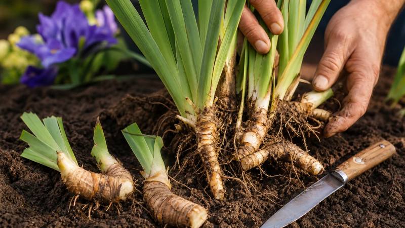 Rhizomes d’iris sortis de terre et séparés pour être replantés