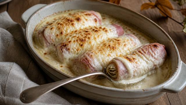 Endives au jambon gratinées dans un plat avec une béchamel crémeuse