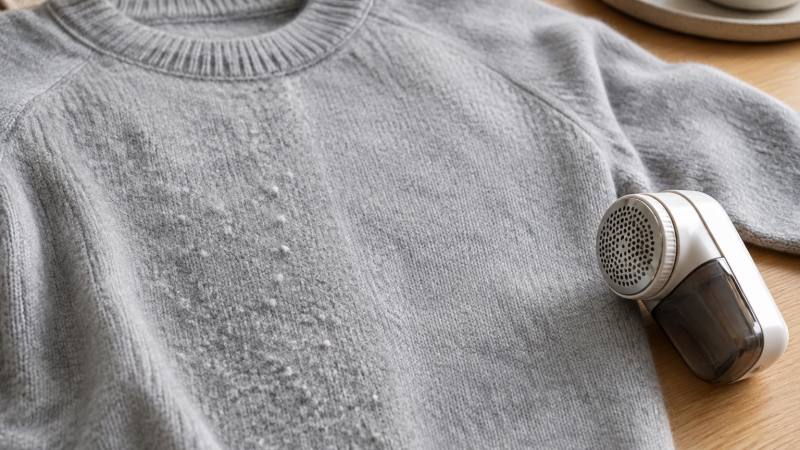 Pull gris bouloché posé à plat avec un rasoir anti-bouloches