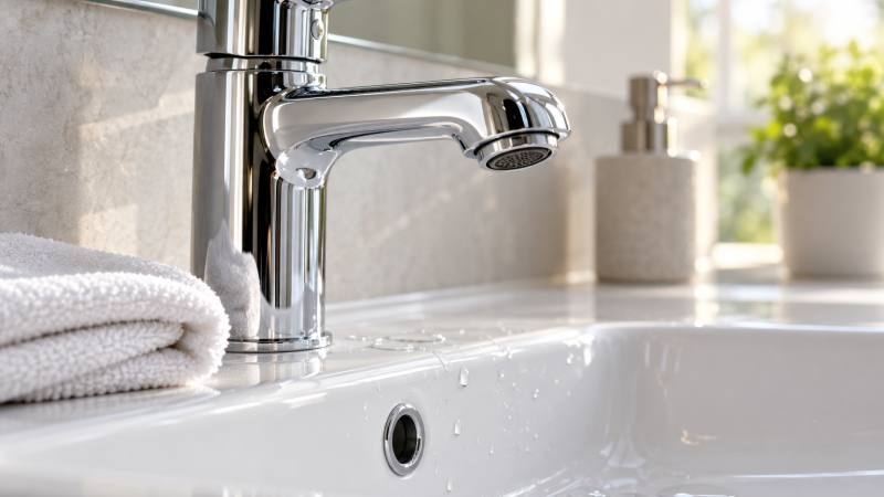 Robinet chromé brillant avec mousseur visible et chiffon microfibre sur une vasque blanche