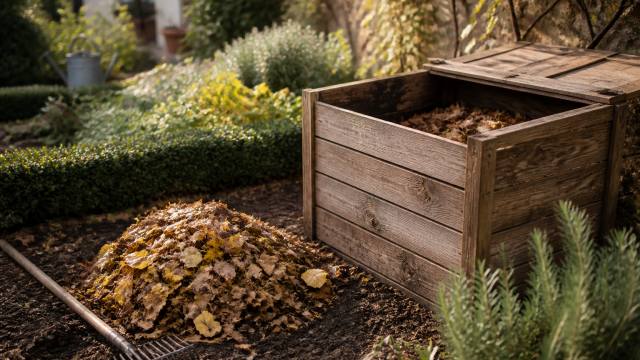 Tas de feuilles mortes près d’un composteur en bois dans un jardin