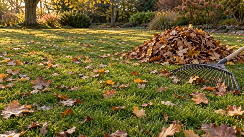Pelouse d’automne avec feuilles éparses, tas de feuilles et râteau