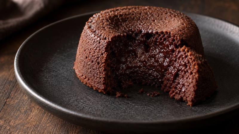 Quatre fondants au chocolat individuels, aux bords pris et au centre encore souple