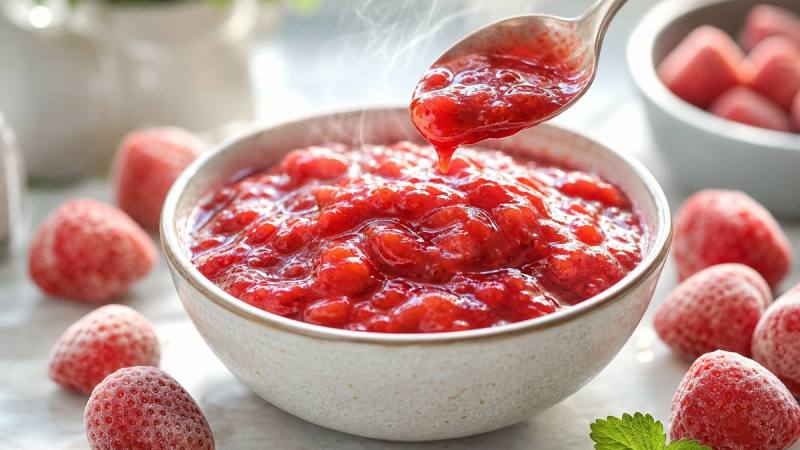 Compotée de fraises congelées servie avec des fraises givrées autour