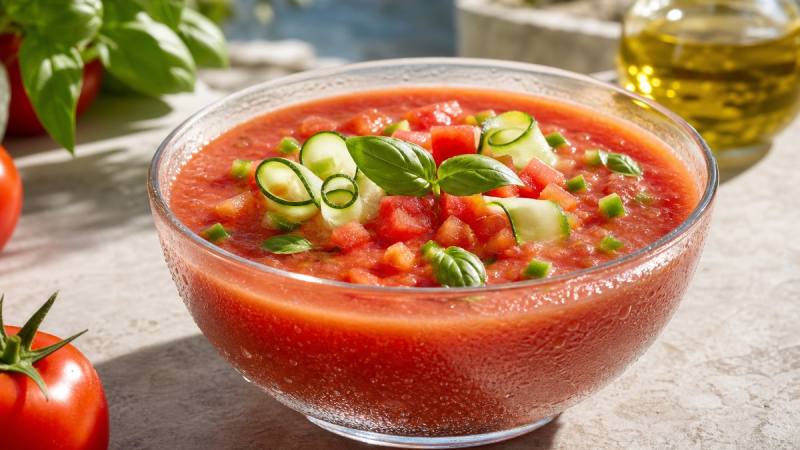 Bol de gaspacho maison aux tomates, concombre et basilic