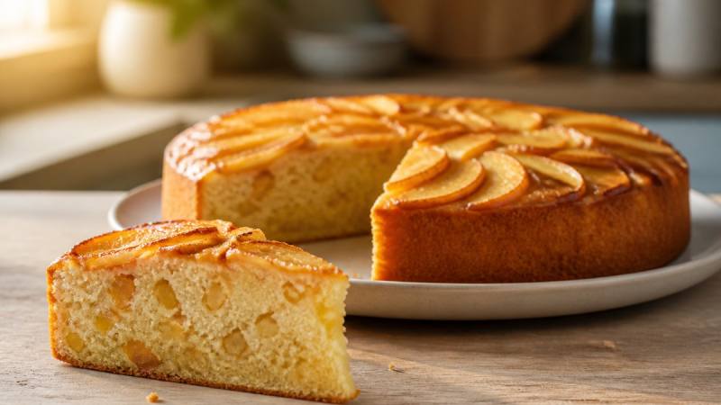 Part de gâteau aux pommes moelleux montrant les dés de pomme répartis dans la pâte