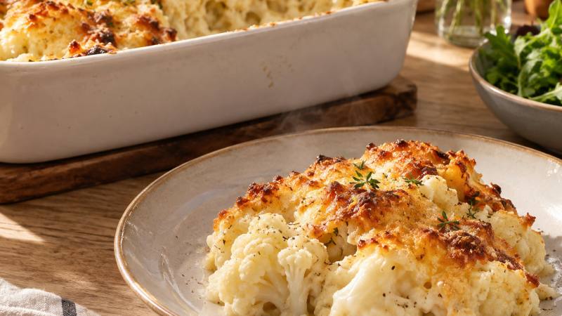 Part de gratin de chou-fleur crémeux et doré servie devant le plat