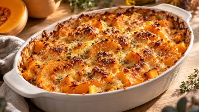 Gratin de courge doré au fromage dans un plat en céramique