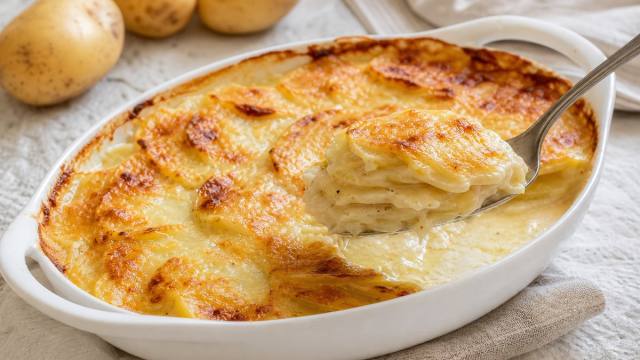 Gratin dauphinois doré dans un plat blanc, avec une portion de pommes de terre fondantes servie à la cuillère