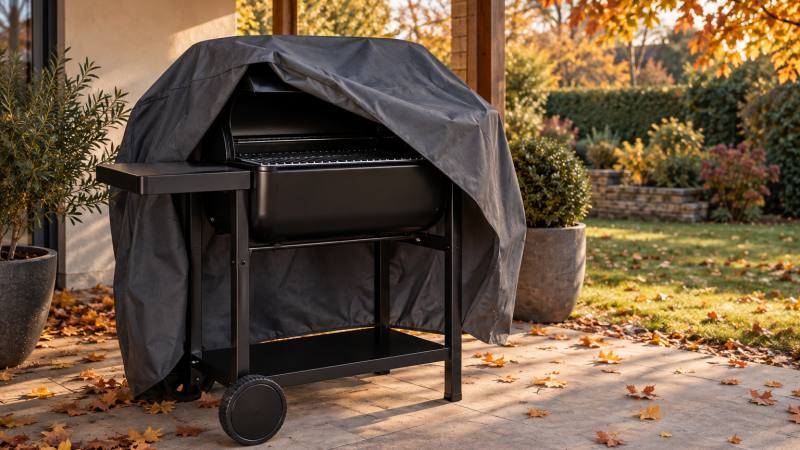 Barbecue propre et sec sous une housse entrouverte dans un jardin d’automne