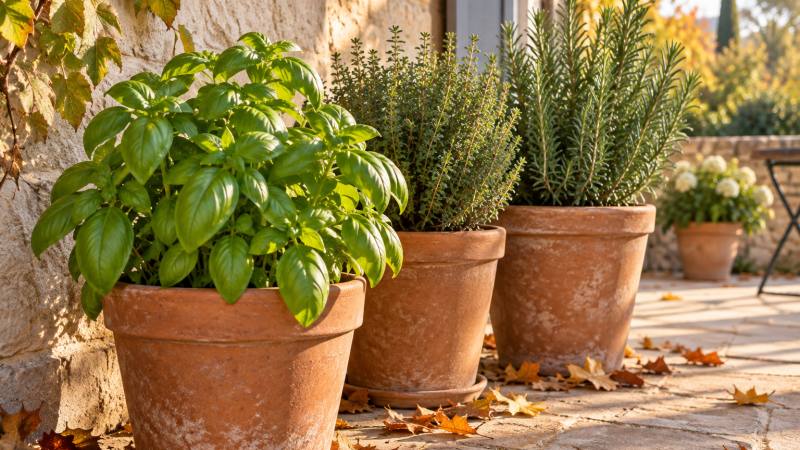 Pots de basilic, thym et romarin regroupés contre un mur pour l’hiver