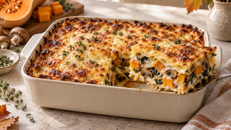 Part de lasagnes aux légumes rôtis découpée dans un plat en céramique