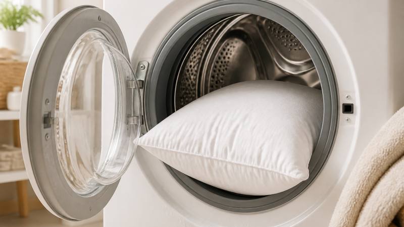 Oreiller blanc placé dans le tambour d’une machine à laver