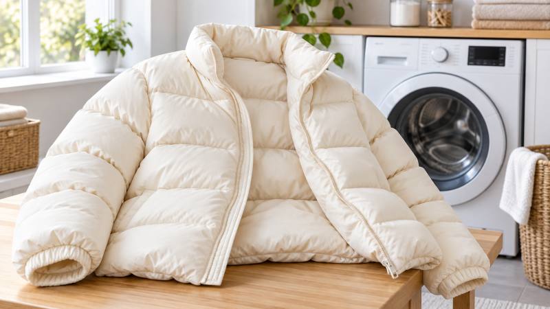 Doudoune claire propre et gonflante devant un lave-linge, sans texte