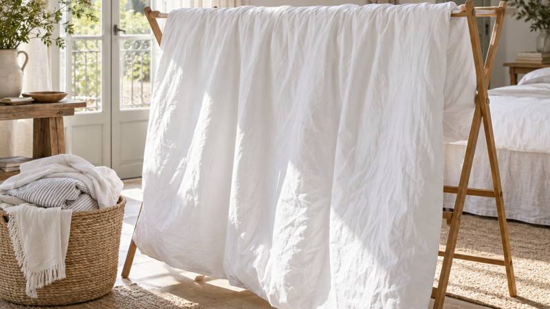 Housse de couette blanche étendue et linge clair sur un séchoir en bois