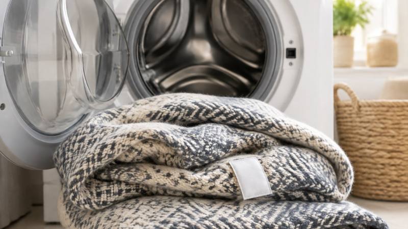 Plaid épais plié devant le hublot ouvert d’une machine à laver