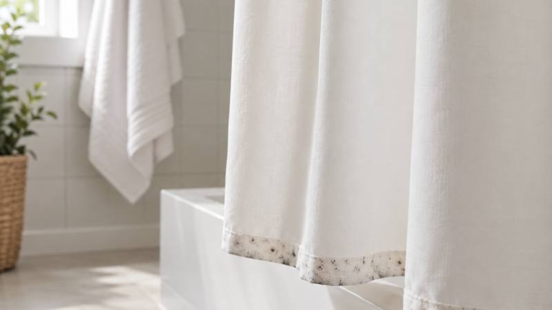 Rideau de douche blanc avec des traces de moisissure sur l’ourlet inférieur
