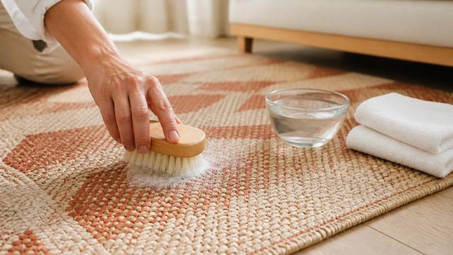 Brosse douce et serviettes utilisées pour laver un tapis sans le détremper