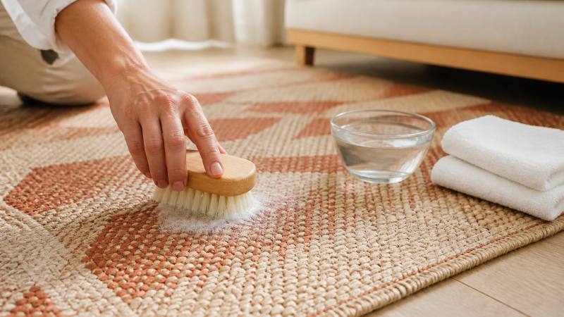 Brosse douce et serviettes utilisées pour laver un tapis sans le détremper