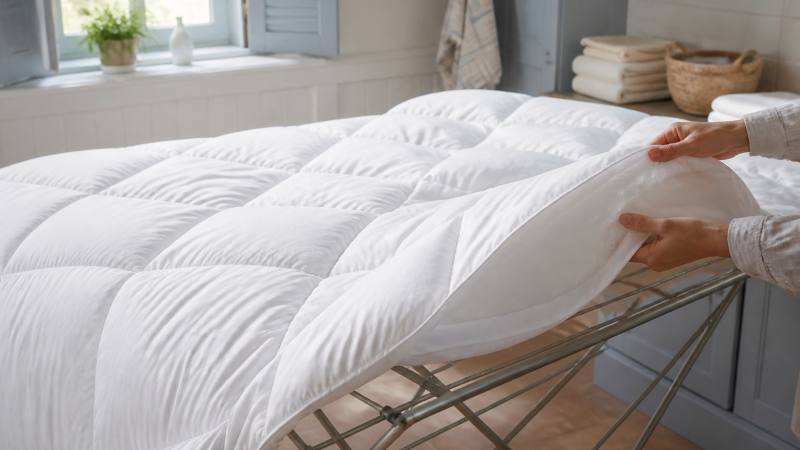 Couette blanche étendue sur un séchoir après lavage
