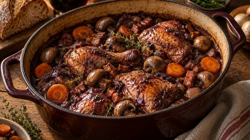 Coq au vin en cocotte avec champignons, carottes et sauce au vin rouge