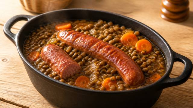 Lentilles vertes aux saucisses fumées et carottes dans une cocotte