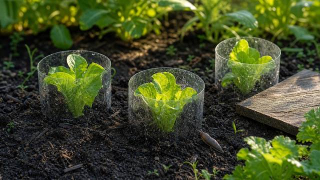Jeunes salades protégées par des collerettes au potager, avec une limace sur la terre