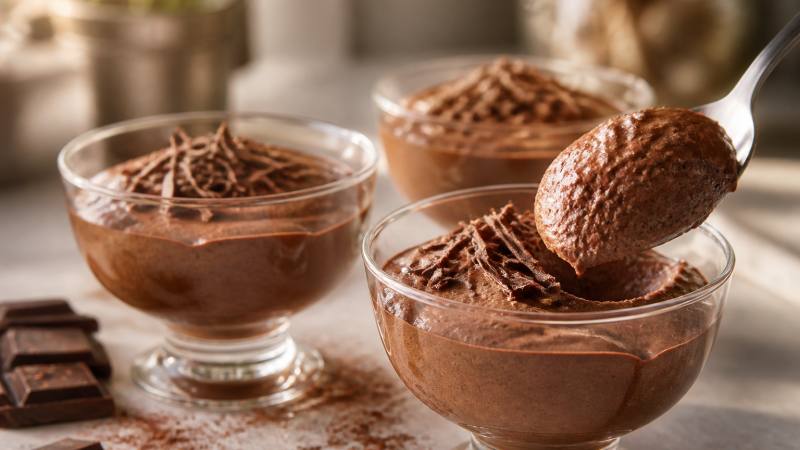 Mousse au chocolat légère servie dans des coupes en verre avec des copeaux de chocolat