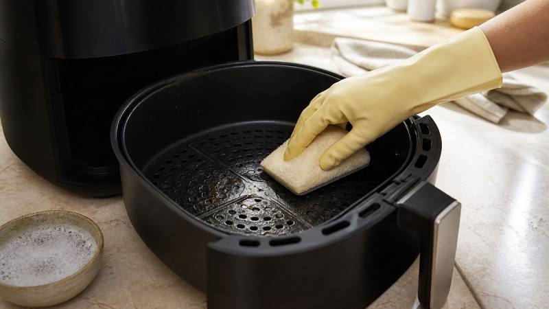 Nettoyage doux du panier antiadhésif d’un air fryer avec une éponge