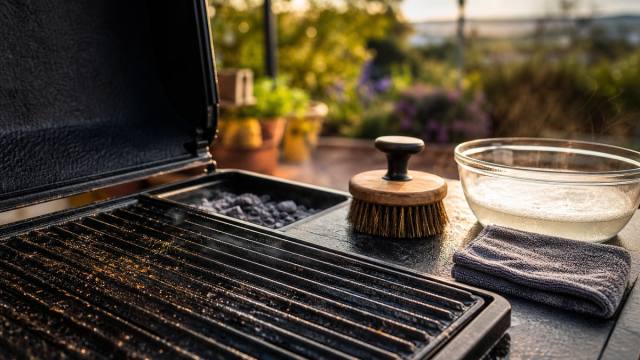Grille de barbecue tiède avec brosse, chiffon et bol d’eau chaude sur une terrasse