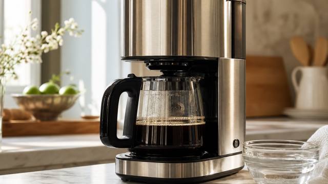 Cafetière filtre propre et carafe de café sur un plan de travail lumineux