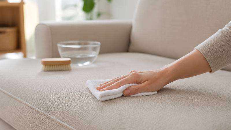 Nettoyage doux d’un canapé en tissu beige avec une microfibre