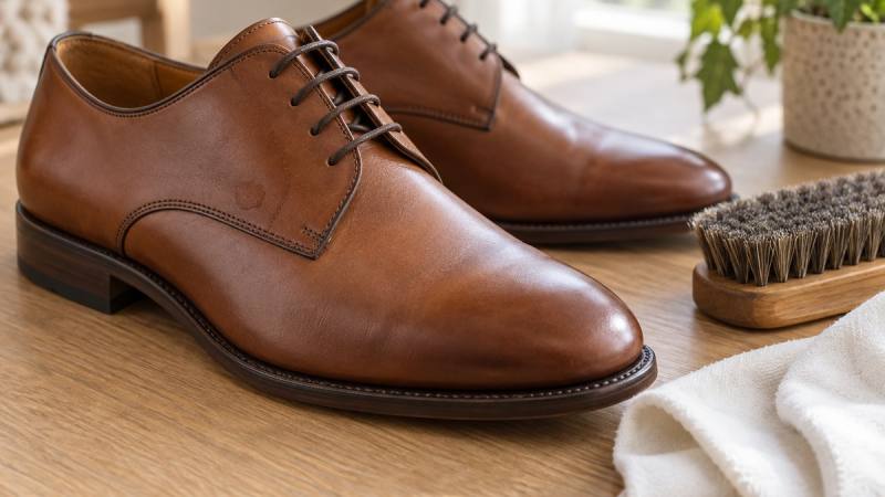 Chaussures en cuir lisse brun avec une brosse douce et une chamoisine sur une table