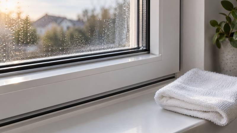 Encadrement de fenêtre propre avec rainure et joint visibles, microfibre posée sur l’appui