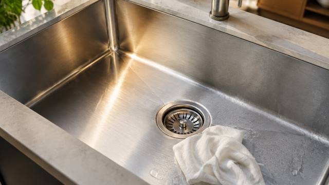 Évier de cuisine en inox brossé nettoyé avec une microfibre blanche