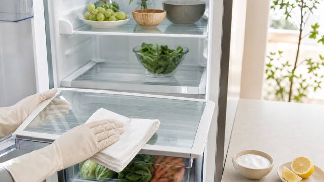 Nettoyage d’une clayette de réfrigérateur avec un chiffon blanc