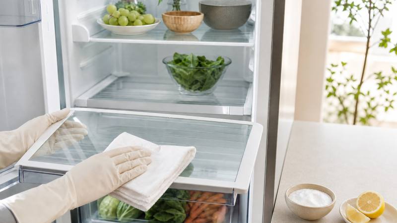 Nettoyage d’une clayette de réfrigérateur avec un chiffon blanc