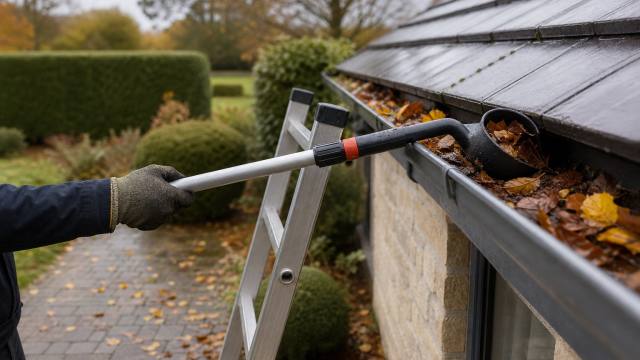 Gouttière remplie de feuilles nettoyée avec une perche depuis une échelle stable