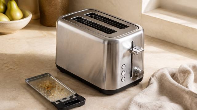 Grille-pain en inox avec tiroir à miettes retiré sur un plan de travail