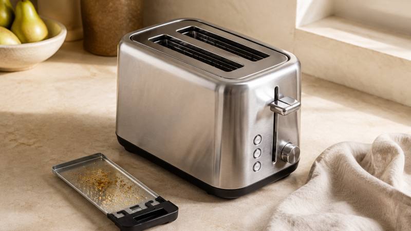 Grille-pain en inox avec tiroir à miettes retiré sur un plan de travail