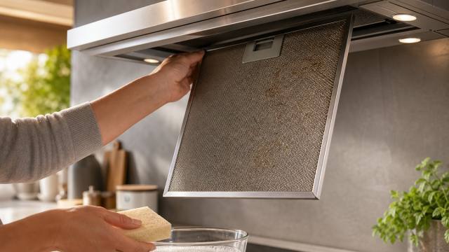 Main retirant un filtre métallique graissé d’une hotte de cuisine