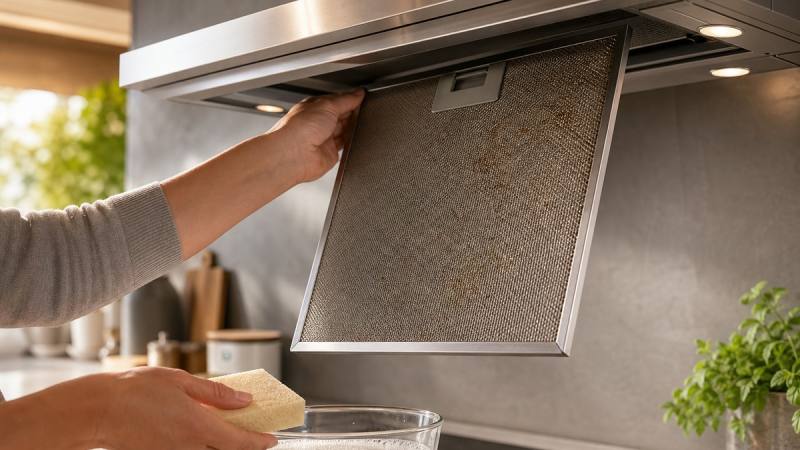 Main retirant un filtre métallique graissé d’une hotte de cuisine