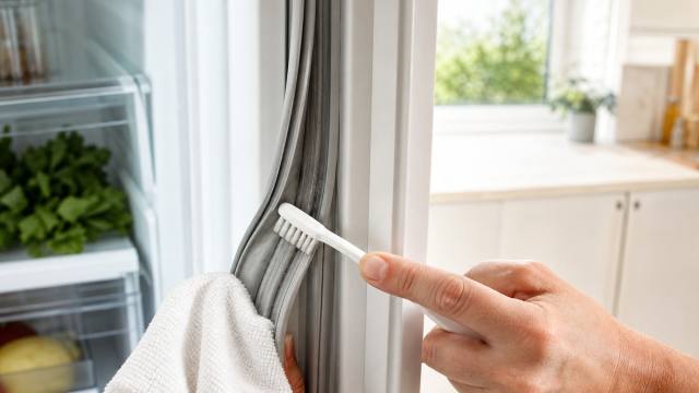 Nettoyage du joint de porte d’un réfrigérateur avec une petite brosse souple