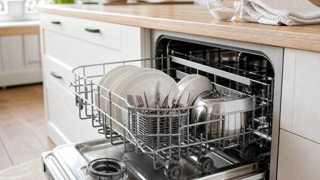 Filtre démonté devant un lave-vaisselle ouvert dans une cuisine lumineuse