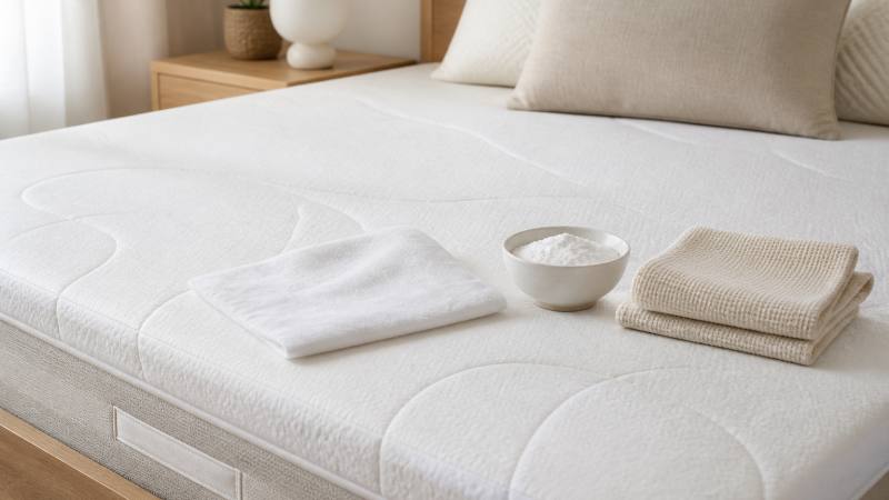 Nettoyage localisé d’un matelas avec un linge blanc, une serviette sèche et du bicarbonate