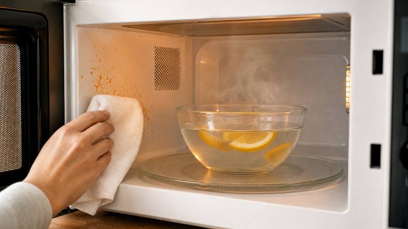 Nettoyage de l'intérieur d'un micro-ondes avec un chiffon et un bol d'eau citronnée