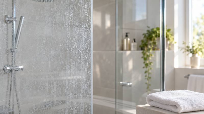 Paroi de douche en verre marquée par un voile blanc de calcaire, avec microfibre sur le rebord