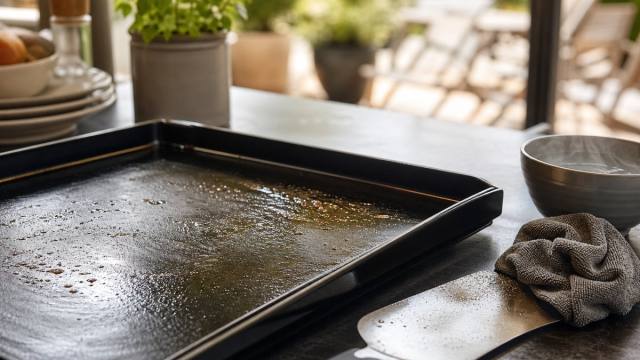 Plancha en fonte émaillée en cours de nettoyage avec spatule et chiffon